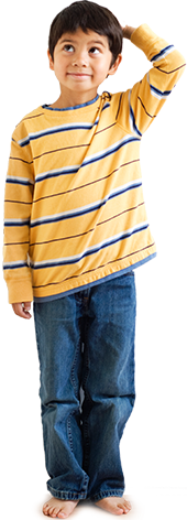 Actor portrayal of a young boy measuring his height